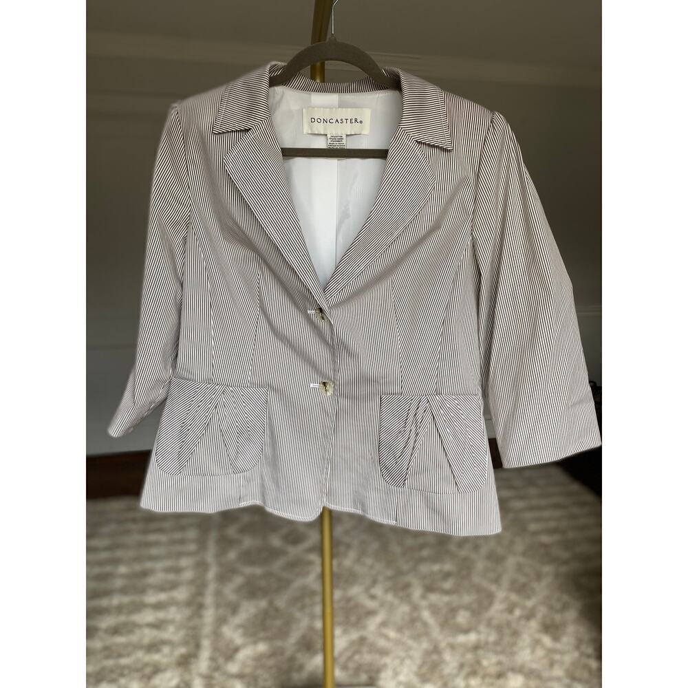 Doncaster Striped Peplum Blazer Suit Pant French Scandi Business Parisian Preppy